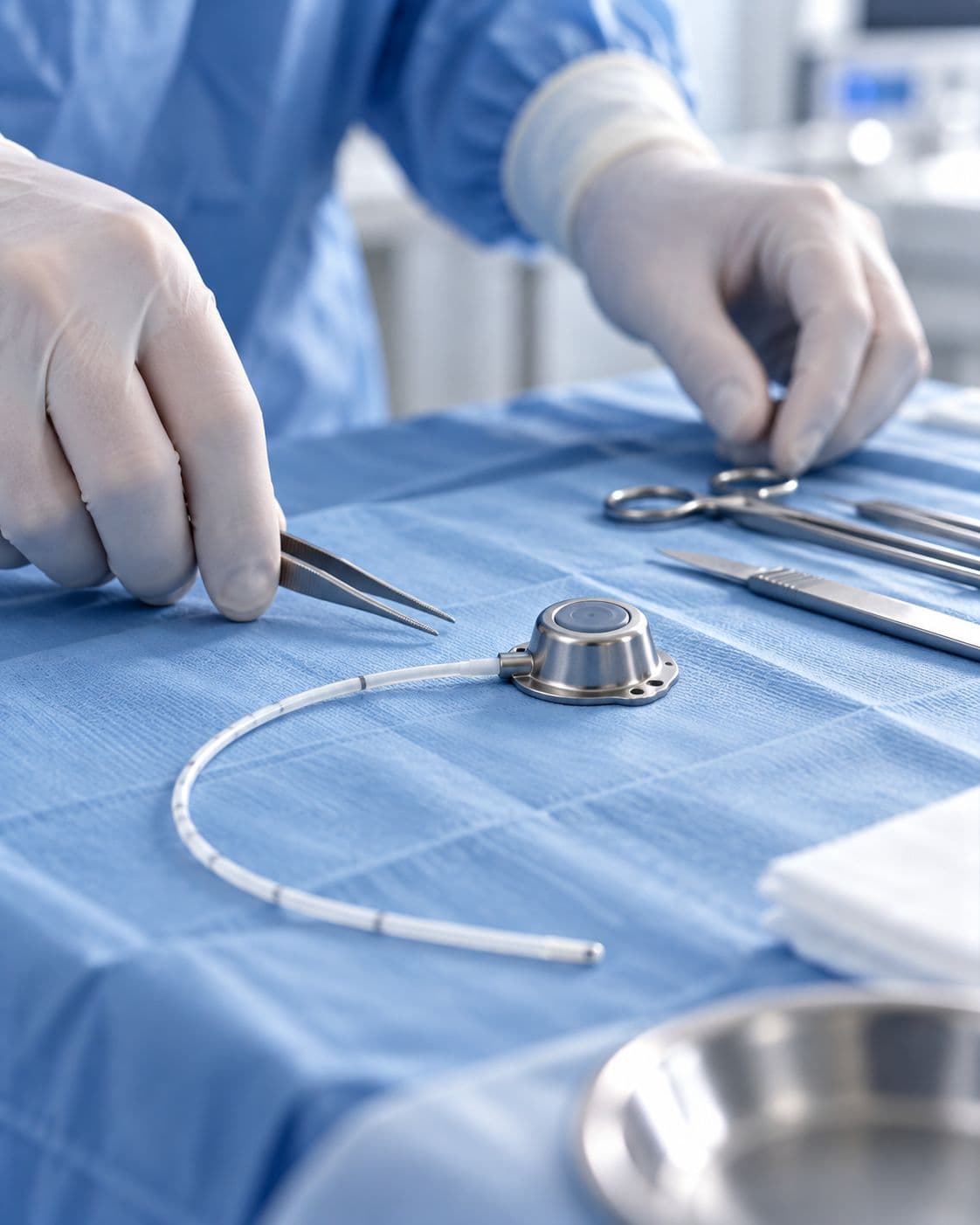 Manos enguantadas preparando un catéter-puerto implantable sobre un campo quirúrgico azul