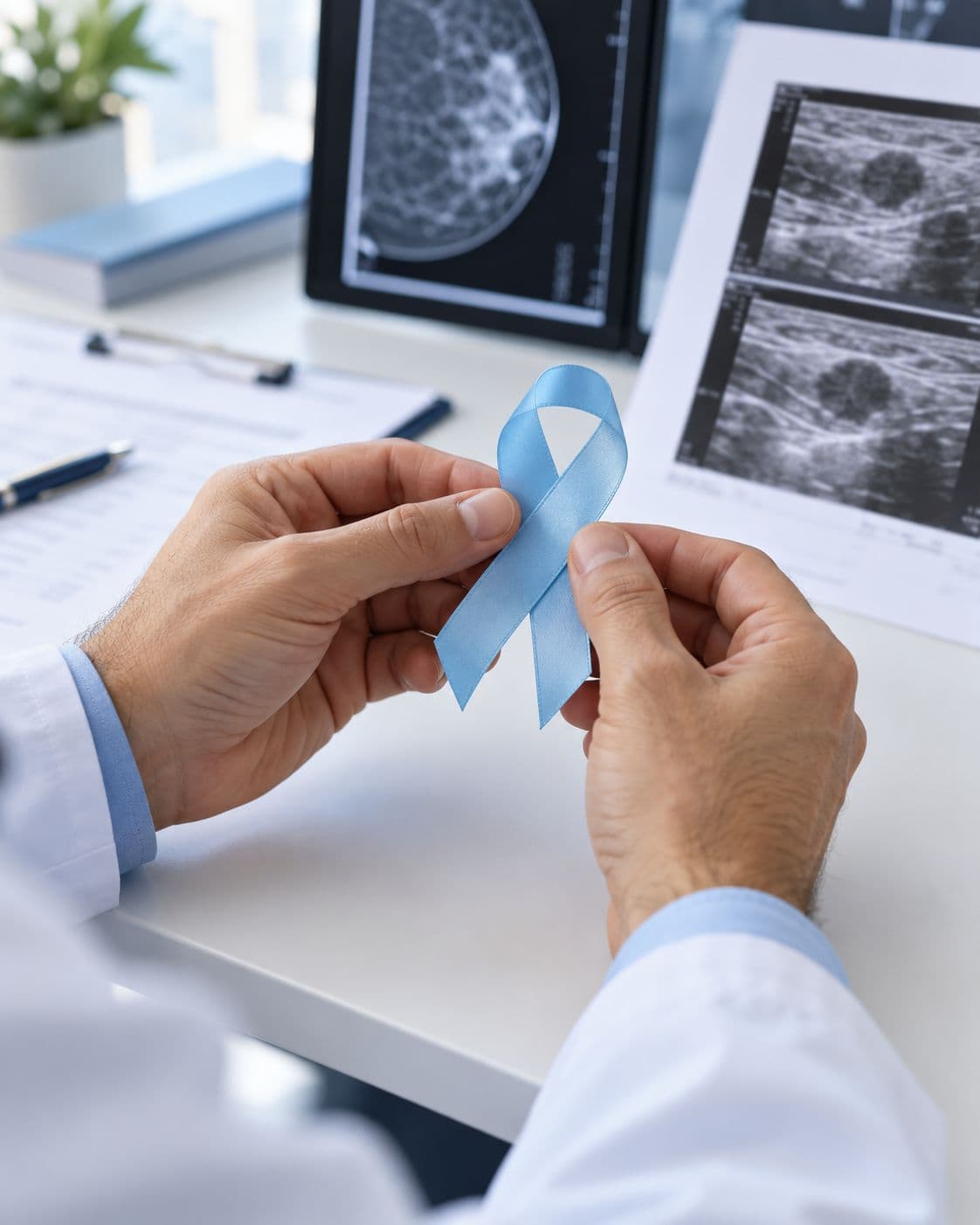 Manos de un médico sosteniendo un lazo azul de concientización junto a imágenes de mamografía y ecografía mamaria