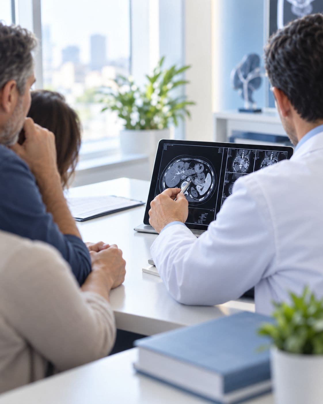Médico revisando imágenes diagnósticas junto a una pareja de pacientes en la consulta